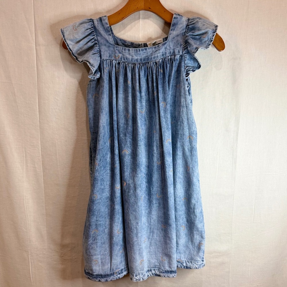 Tucker +Tate Girls Blue Acid Wash Denim Rainbow Embroidered Flutter Sleeve Dress - Picture 2 of 6